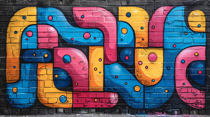 Abstract graffiti pattern on a brick wall in pink, blue and yellow colors. - 791775738