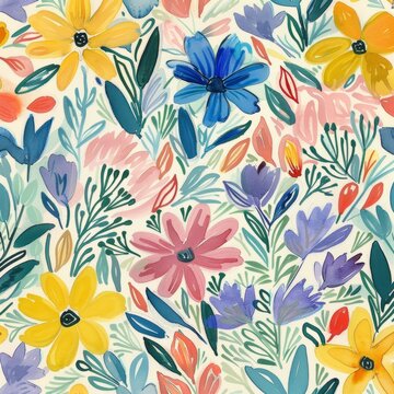 Pastel sketch of hand-drawn seamless pattern of summer simple flowers