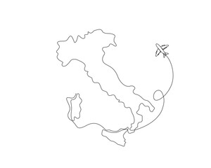 Continuous one line drawing of Italymap with airplane. Italy map combined with airplane simple outline vector illustration. Editable stroke.