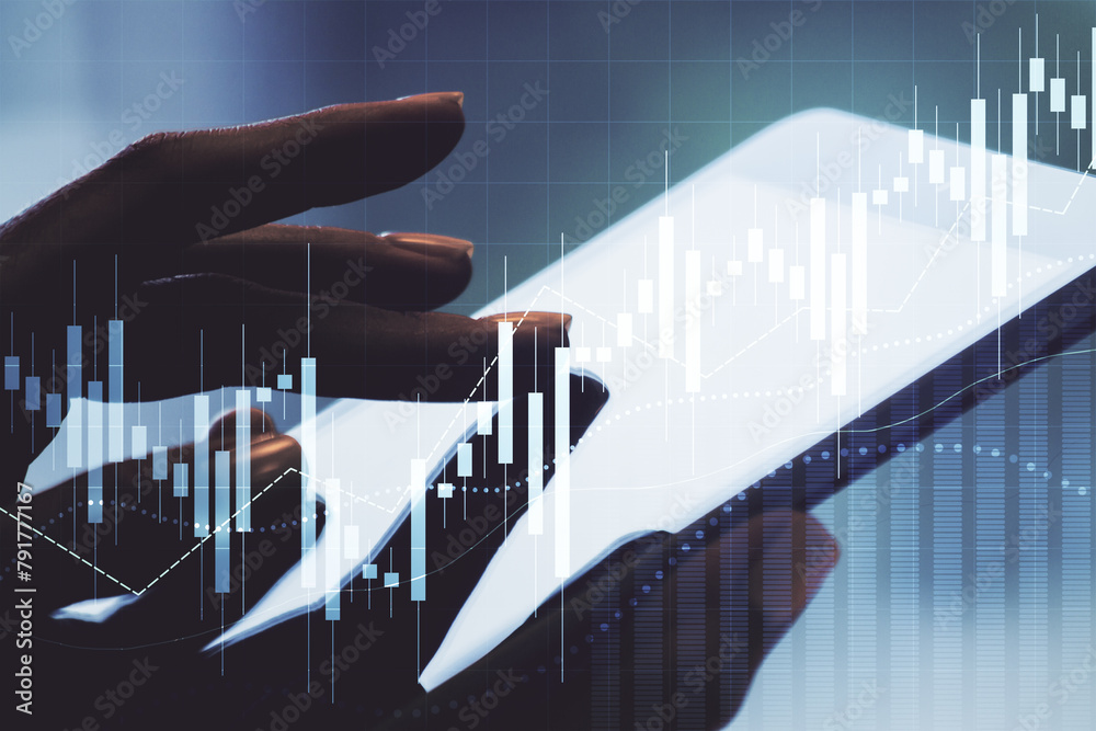 Poster multi exposure of abstract financial diagram and hand working with a digital tablet on background, b
