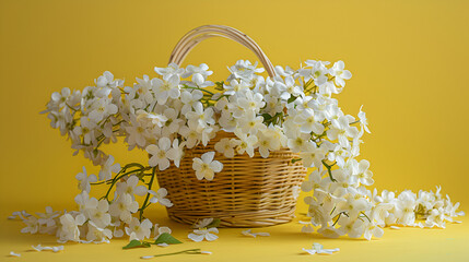 Sunlit White Blooms in Wicker Basket: A Touch of Spring on a Sunny Day