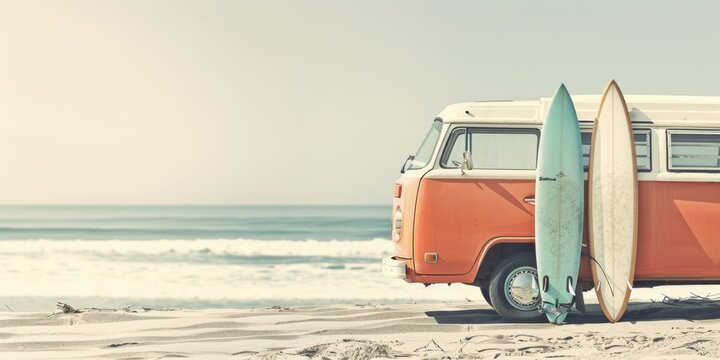 Vintage orange van with surfboards, on the beach, sea background