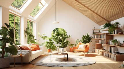an image of an eco-friendly living room bathed in natural lighting from skylights, adorned with organic elements and white walls for a serene ambiance with a touch of eco punk aesthetic