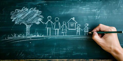 Imagination in Education: A chalkboard drawing captures the essence of creative learning with a hand-drawn family and home scene