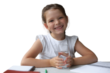 Happy little girl holds crystal still mineral water in glass on a transparent background