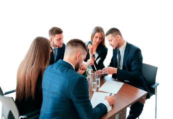 startup business team on meeting on a transparent background brainstorming, working on laptop and tablet computer