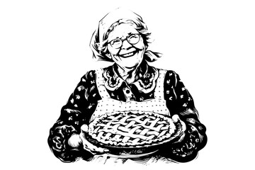 Vintage Grandma Cooking: Nostalgic Vector Illustration of a Wise Woman Baking Pie.