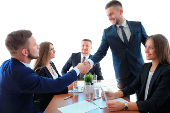 Business people shaking hands, finishing up a meeting on a transparent background
