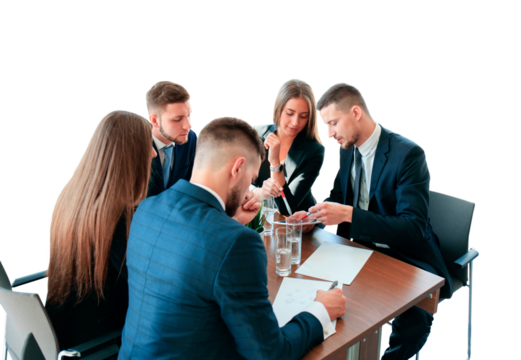 startup business team on meeting on a transparent background brainstorming, working on laptop and tablet computer