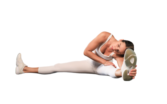 Young sporty woman stretching on a transparent background