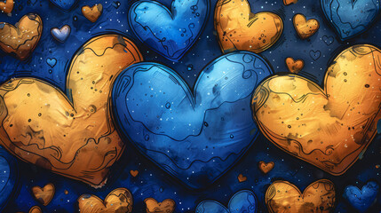 Background of blue and yellow hearts painted with paint. - 791778762