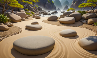 Japanese zen garden, sand, stones and rocks. Meditation, peace and harmony, smooth circles and waves in sand, mental wellness. Photorealistic background illustration