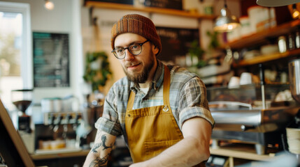 A man with a beard and glasses is standing in a coffee shop