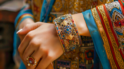A woman wearing a gold and blue bracelet with a blue band