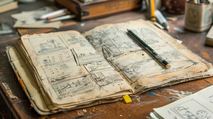 A book is open to a page with drawings and a pencil