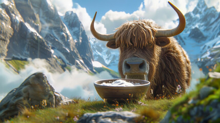 A large brown bull is drinking from a bowl in a grassy field