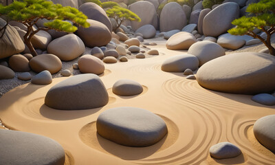 Japan zen garden, stones in sand. Meditation, peace and relax, smooth circles and waves in sand, mental wellness. and relax Realistic background illustration