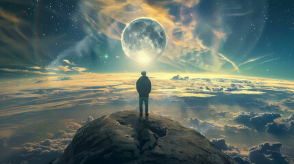 A man stands on a rocky hill, looking up at the moon - obrazy, fototapety, plakaty
