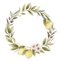 Hand drawn round wreath of watercolor with lemons, olives and green foliage. Vector design for cooking magazines, kitchen decor, print, birthday and invitations.