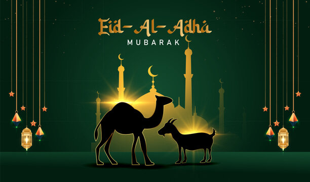 Traditional bakrid festival golden shiny card dersign with mosque, lights, moon, goat, camel and gradient background