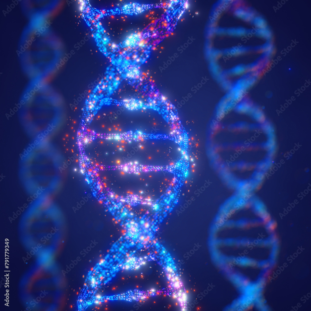 Wall mural Recombinant DNA technology. Combining (splicing) DNA molecules in order to create a hybrid DNA from different species or to create new genes with new functions. Double helix DNA molecules.