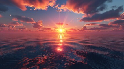 Sunset over calm ocean with vibrant clouds - obrazy, fototapety, plakaty