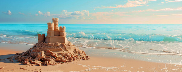 Sandcastle on a sunny beach with turquoise waves - obrazy, fototapety, plakaty