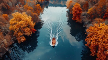 Beautiful new yacht and picturesque autumn river landscape.