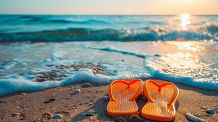 Orange flip flops on a sandy beach at sunset - obrazy, fototapety, plakaty
