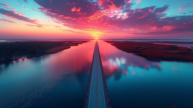 Sunset over a long bridge with reflective waters