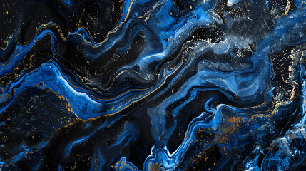 Luxurious navy blue ink marble-like abstract texture with golden dust and agate stone swirls and veins. High quality photo - obrazy, fototapety, plakaty
