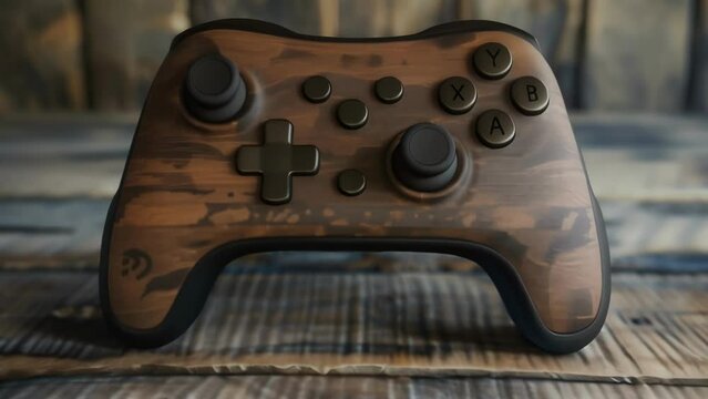a retroinspired gaming controller with a woodgrain pattern and oldschool buttons. .
