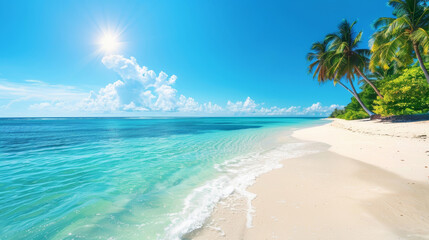 Tropical beach with clear blue water and palm trees