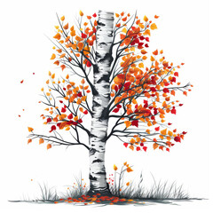 Vibrant autumn birch tree shedding orange leaves on a white background.