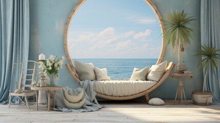 Obraz premium A wooden round window in a beach house looking out onto the ocean.