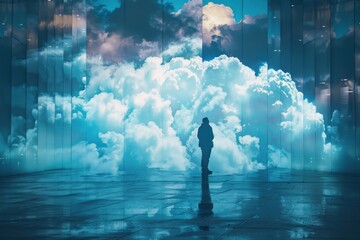Man standing in a room with a large window looking out at the clouds. - obrazy, fototapety, plakaty