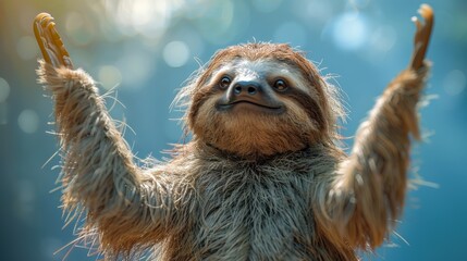 Sloth raising its arms in a forest