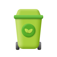 Trash can, waste bin with plant leaf or recycling symbol. Bin with lid and wheels. 3d vector icon. Cartoon minimal style.