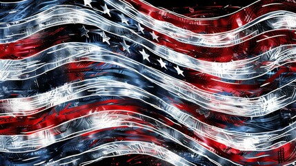 American flag. Dynamic abstract rendition, merging red, white, and blue in a fluid, modern art style. Ideal for patriotic themes, trendy digital campaigns, and bold designs. - obrazy, fototapety, plakaty