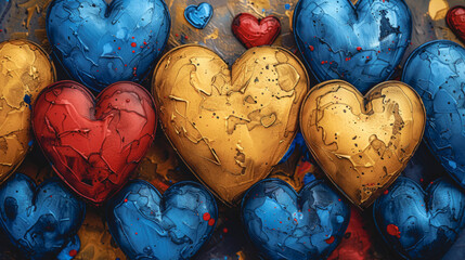 Background of blue and yellow hearts painted with paint. - 791780779