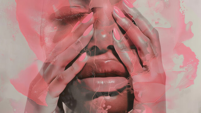 Abstract portrait of a woman with pink fragments and paint splashes
