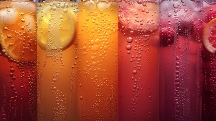 Colorful cold drinks in glasses with fresh citrus slices