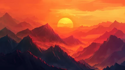Kussenhoes Sunset over a vibrant orange mountainous landscape © NK