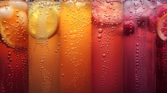 Colorful cold drinks in glasses with fresh citrus slices