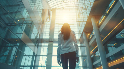 Business woman looking up at the glass ceiling and walking alone in the atrium of a modern office...