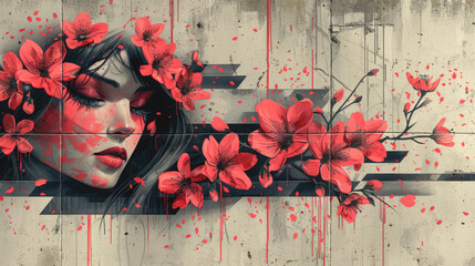 A female face and flowers painted on a wall with black and pink paint. - 791781512
