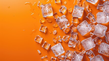 Ice on a orange background, top view, with high resolution photography in a minimalist style