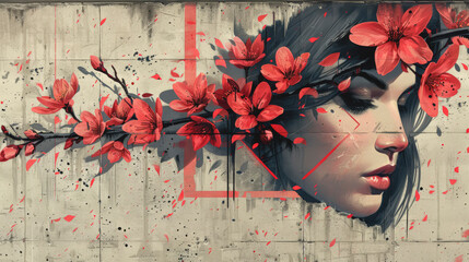 A female face and flowers painted on a wall with black and pink paint. - 791781770