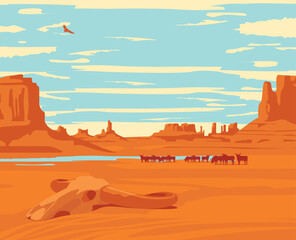 Vector Western landscape with silhouette herd bull and bull skull and river at the wild American prairies. Decorative illustration, Wild West vintage background
