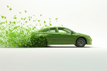 Isolated car formed by green leaves and branches on a green background. Car ecology concept.